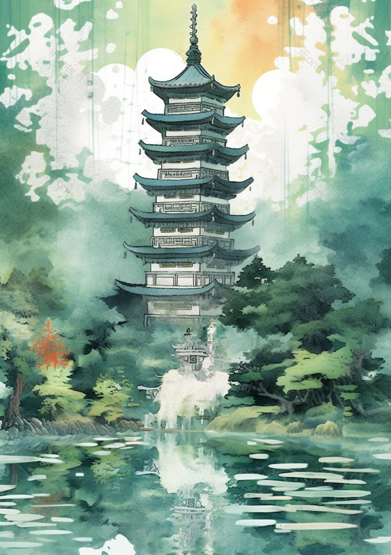池塘前的山坡上耸立的古塔传统中国风插画,插画/手绘图,插画/手绘图库,插画/手绘图下载,插画/手绘